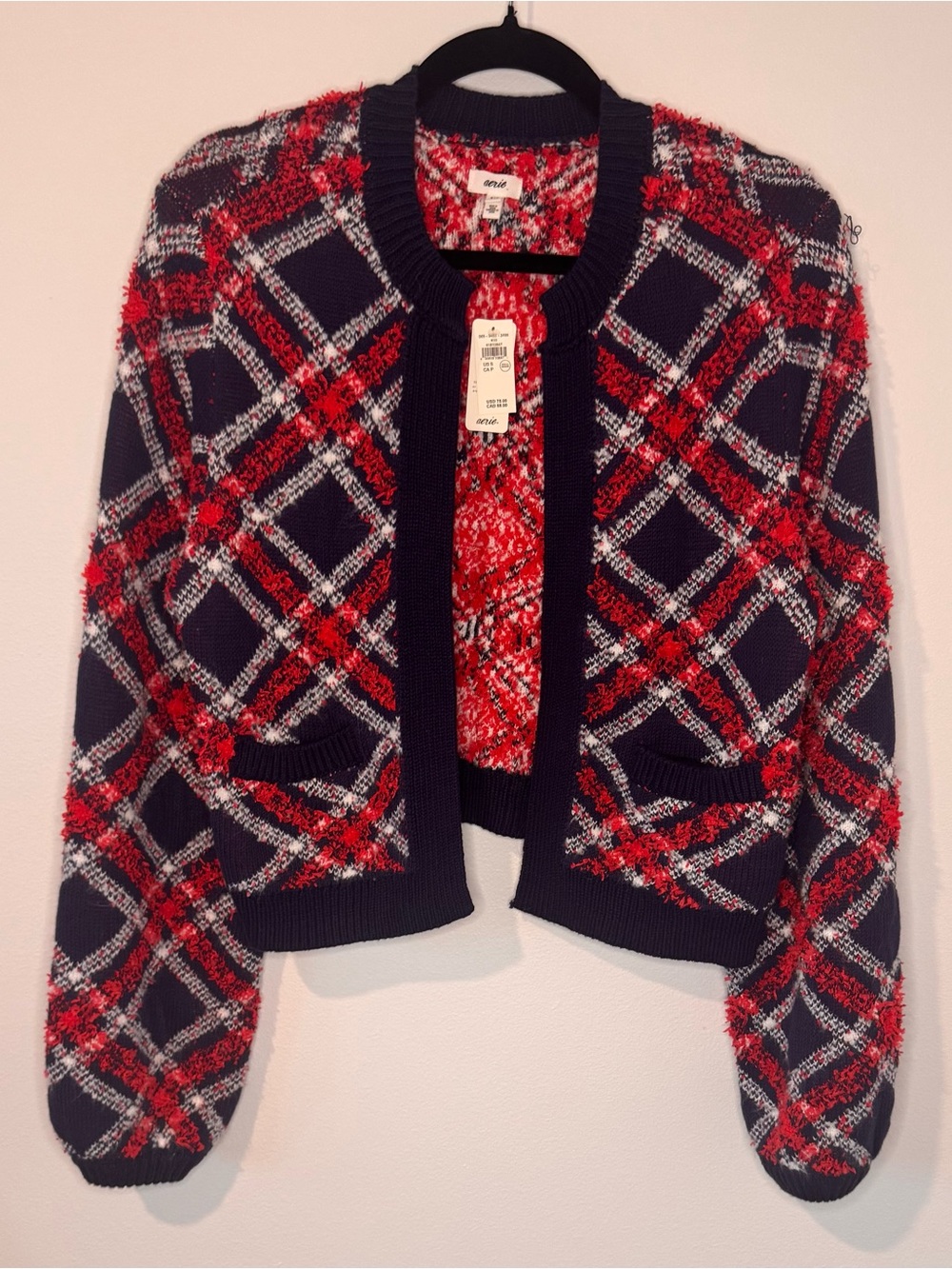 NWT Aerie Plaid Cropped Cardigan Sweater Small Navy Red Textured Knit